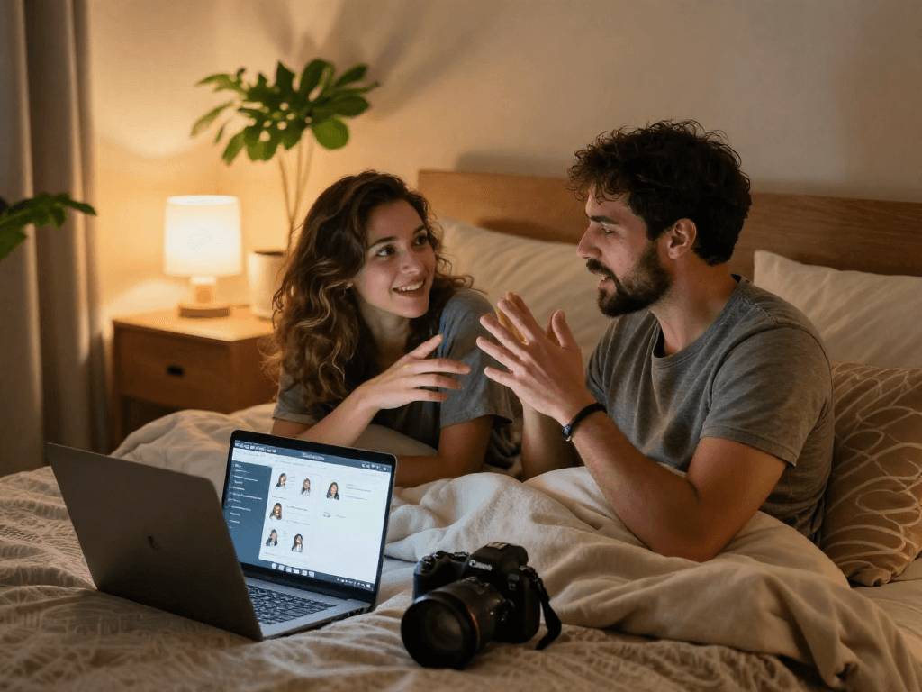 Couple exploring emotional connection with sex ai technology in intimate bedroom setting.