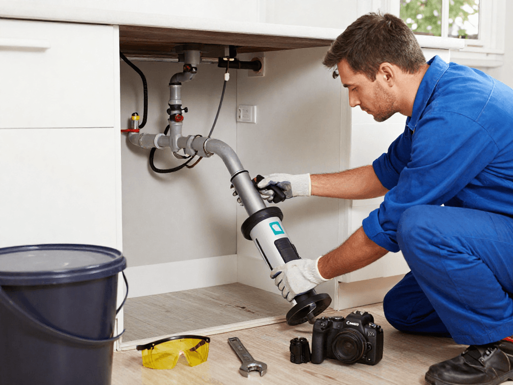Experienced plumber using rooter service Fort Worth equipment to clear a drain in a well-lit home setting.