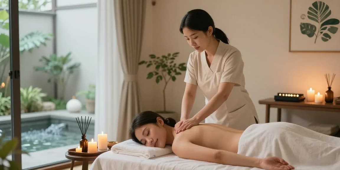 Relaxing spa scene showcasing 수원출장안마 service with massage therapist working in a calming environment.