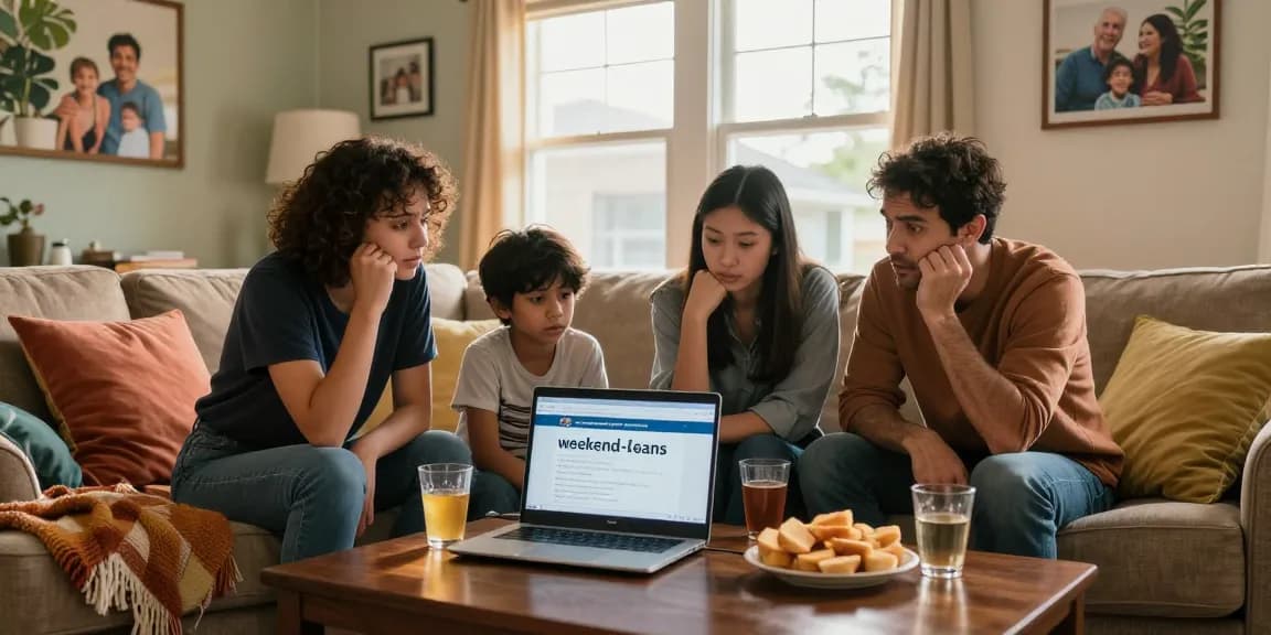 Young family discussing urgent financial needs with www.radcred.com/payday-loan/weekend-loans on laptop.