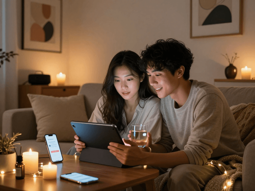 Emotional couple using AI tools in a cozy setting, exploring sex ai.