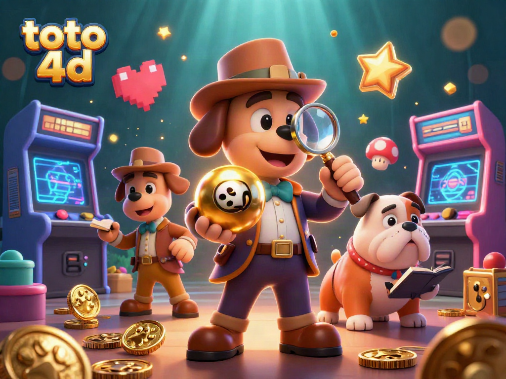 Experience the thrill of toto 4d with a detective and dog exploring golden bingo clues in this lively casino scene.
