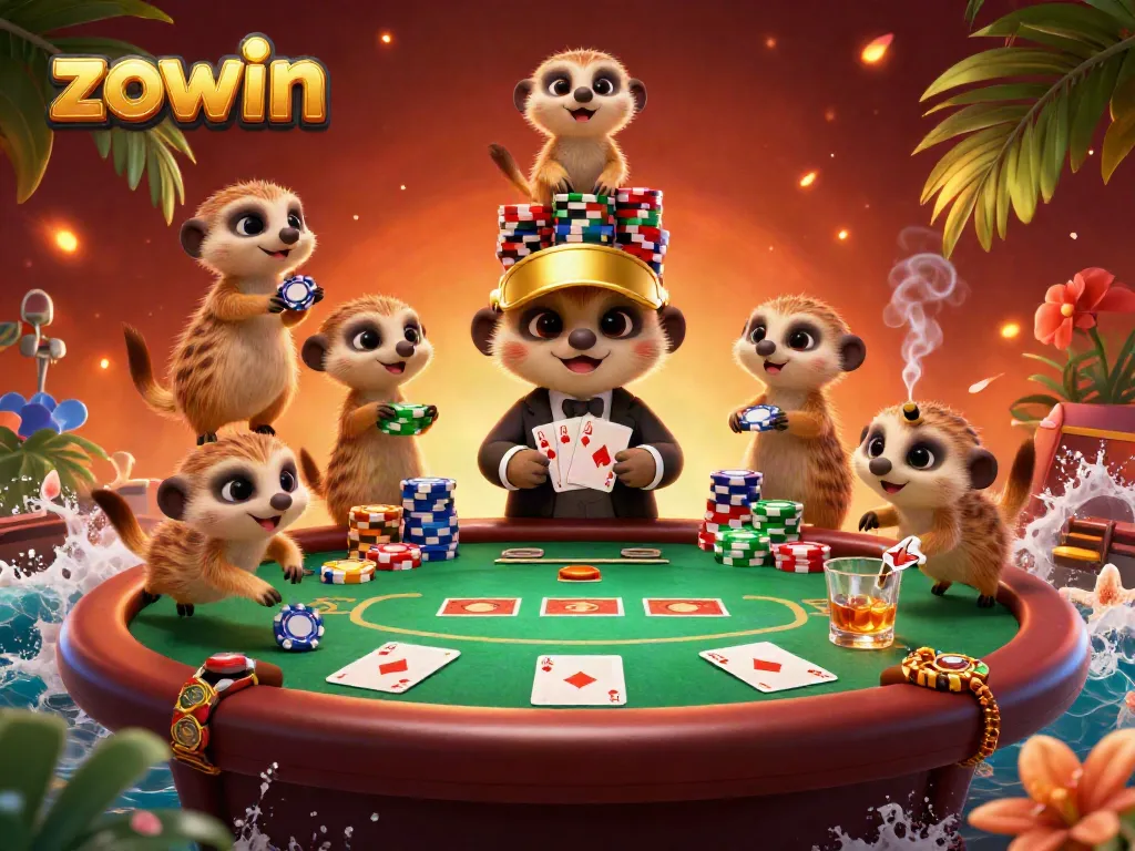 Zowin meerkats managing an elaborate casino with vibrant poker elements and festive decorations.