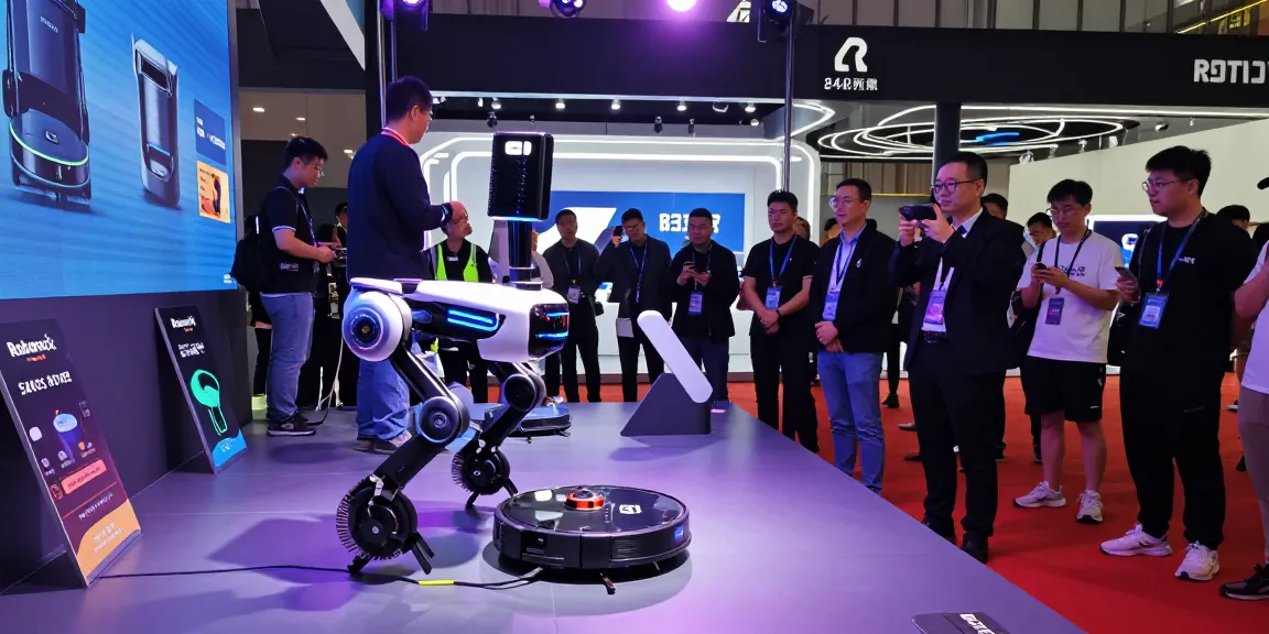 A Roborock 2026 robot vacuum showcased at a tech expo, featuring innovative wheel-leg technology, capturing audience engagement.