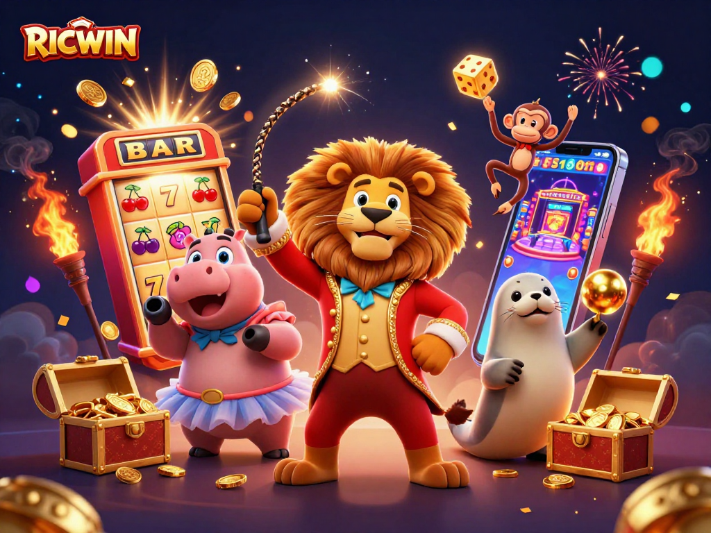 Experience RICWIN with vibrant illustrations of a lively casino scene featuring unique characters.