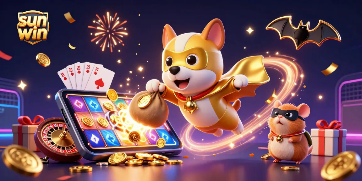 Win big with sun win, featuring a superhero dog and hamster amidst colorful slot games and festive decorations.