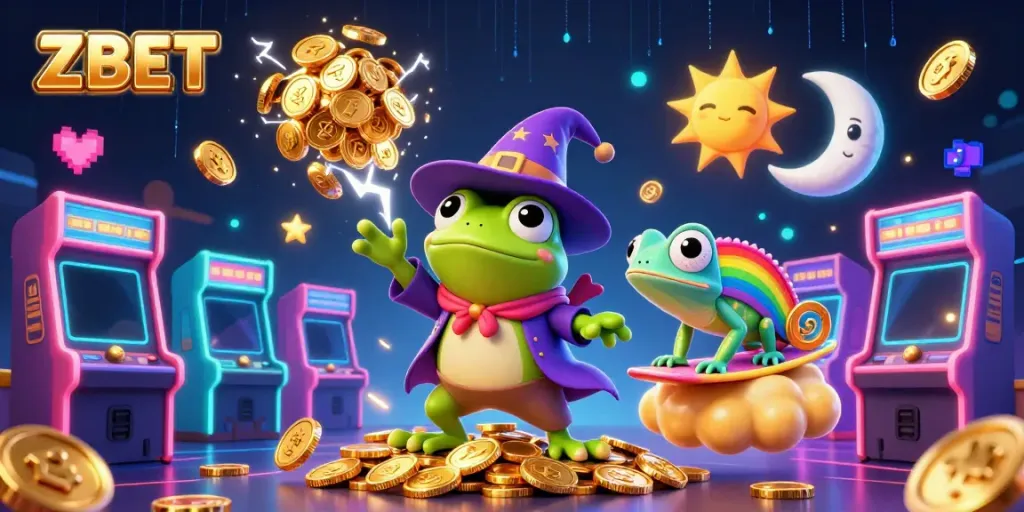 ZBET offers an exciting online gaming experience with a vibrant illustration showcasing a frog wizard and a chameleon amidst golden coins.
