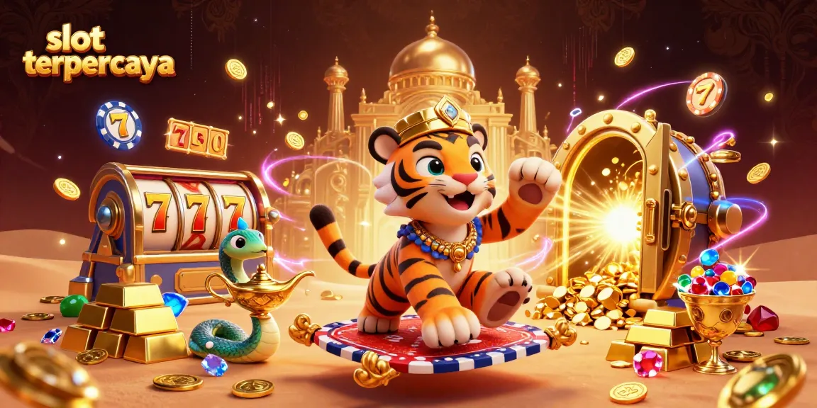 Experience the thrill of winning at slot terpercaya with a vibrant scene featuring a sultan on a magic carpet surrounded by rich treasure.
