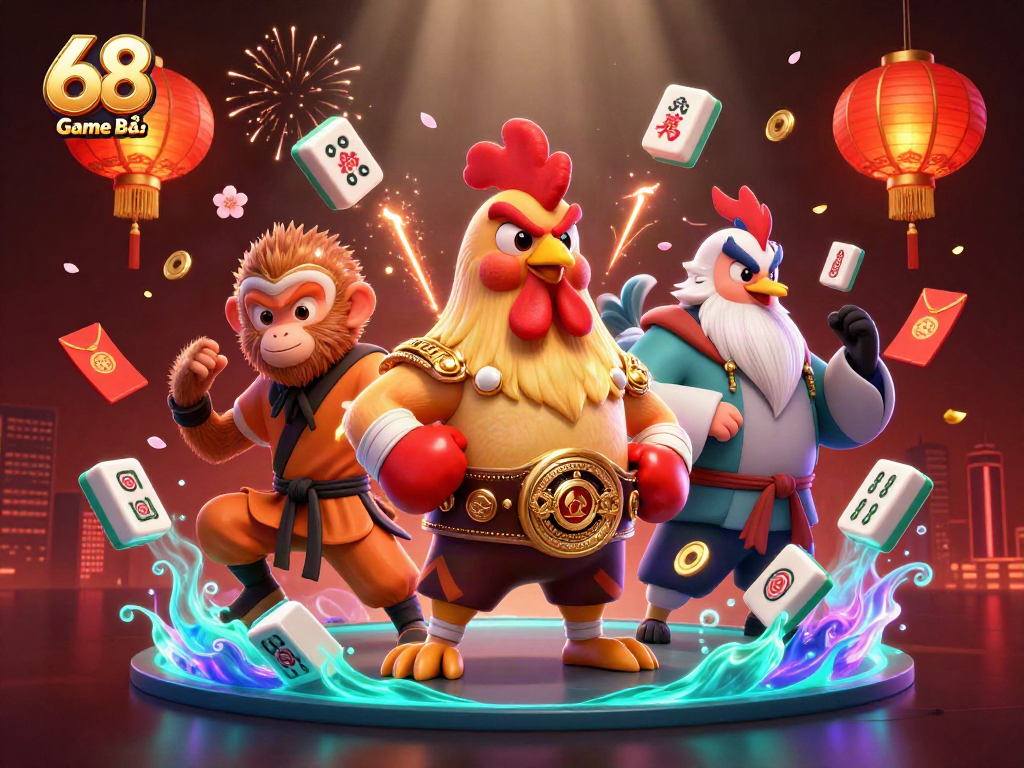 68 Game Bài features a colorful, dynamic scene with cartoon characters and gambling elements.