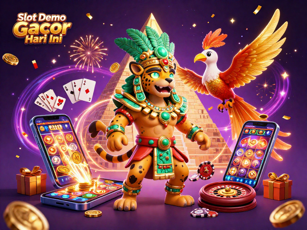 Experience the thrill of Slot Demo Gacor Hari Ini with vibrant Mayan characters, dynamic slot elements, and festive visuals.