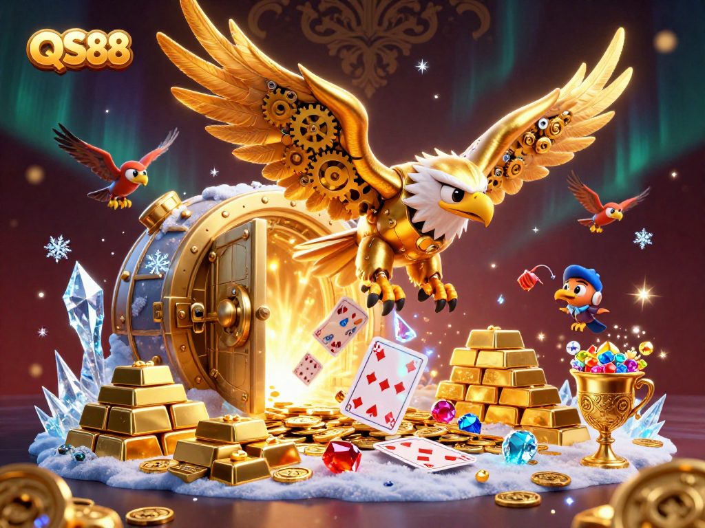 Experience thrilling casino adventures with QS88, featuring a cybernetic eagle in an opulent scene.