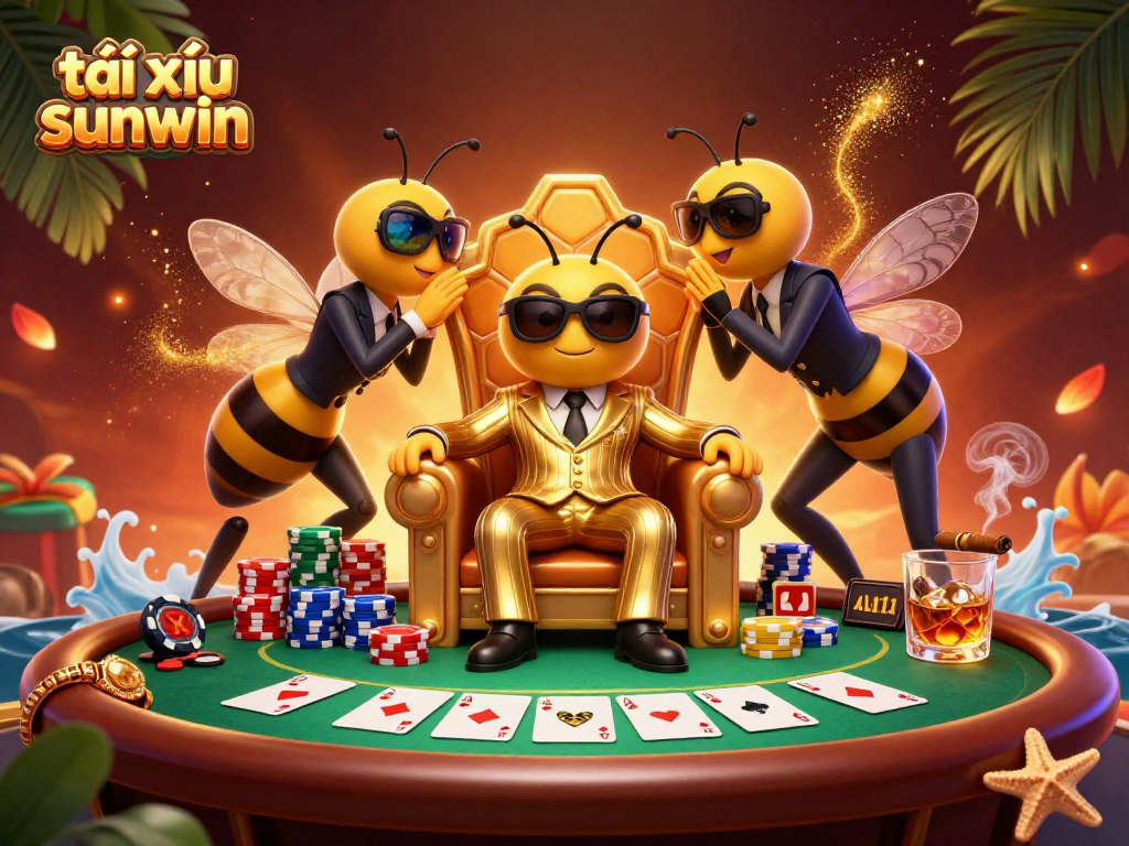 Tài xỉu sunwin gameplay featuring a mob boss and wasp guards in a rich poker scene.