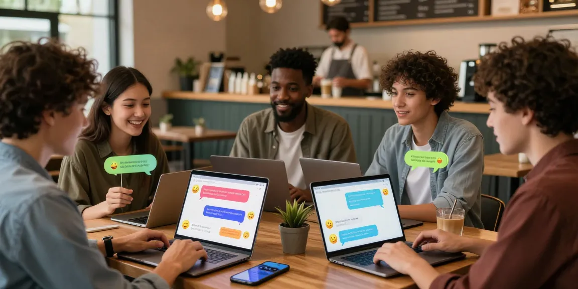 Users enjoy spicy chat ai at a café, showcasing lively interactions on devices with colorful chat bubbles.
