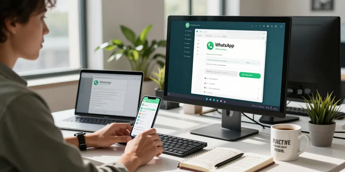 Using WhatsApp網頁版 on a professional workspace with a sleek setup and bright atmosphere.