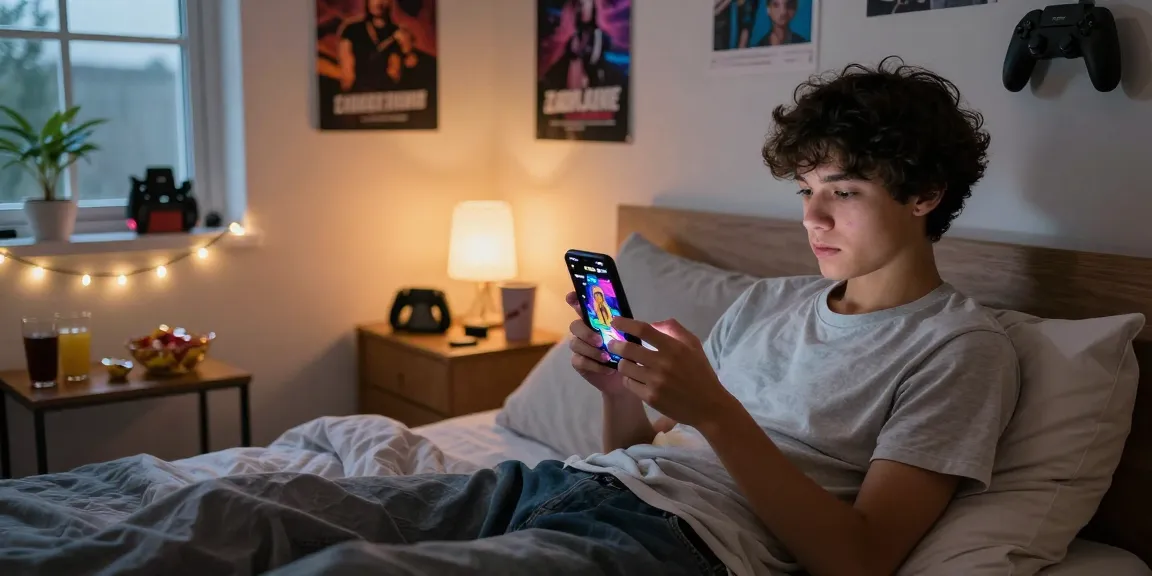 Enjoying a mobile porn game on a smartphone in a cozy bedroom with colorful graphics.