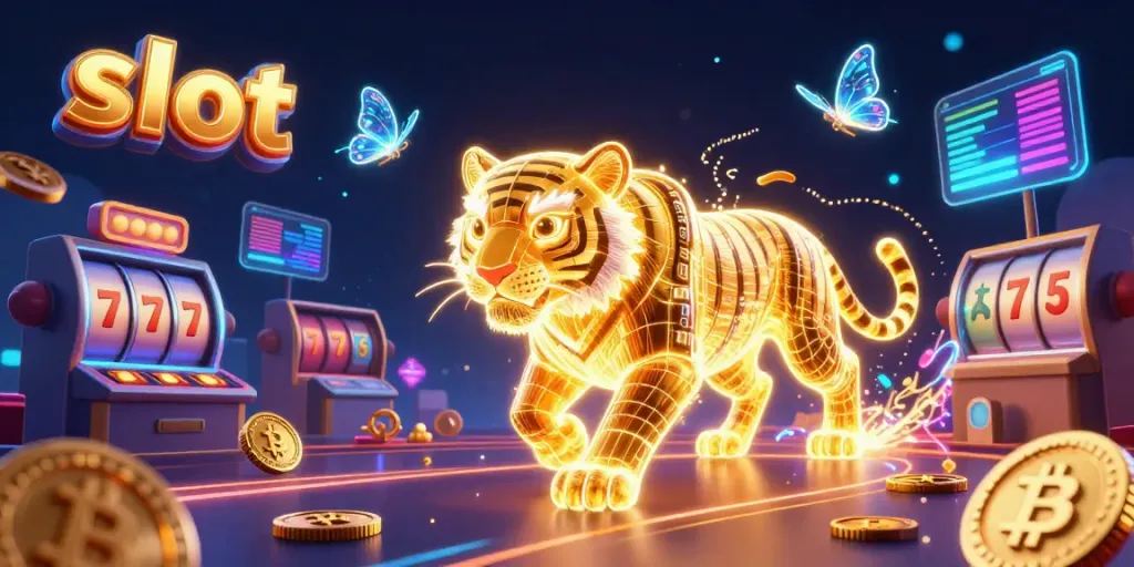 Engage with dynamic slot themes featuring a neon-wireframe tiger and glowing crypto elements in this vibrant casino illustration.