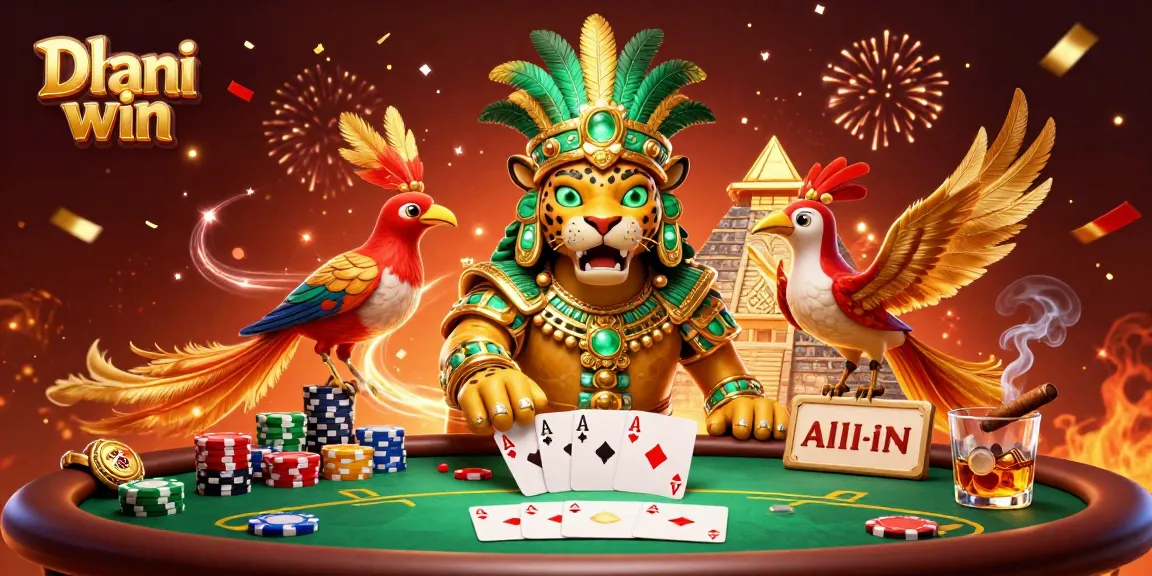 Dhani win engages players with vibrant poker elements and a mystical scene featuring a jaguar priest.