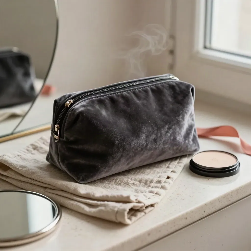 Charcoal velvet makeup pouch beside linen cloth and mirror on a travertine vanity in soft daylight
