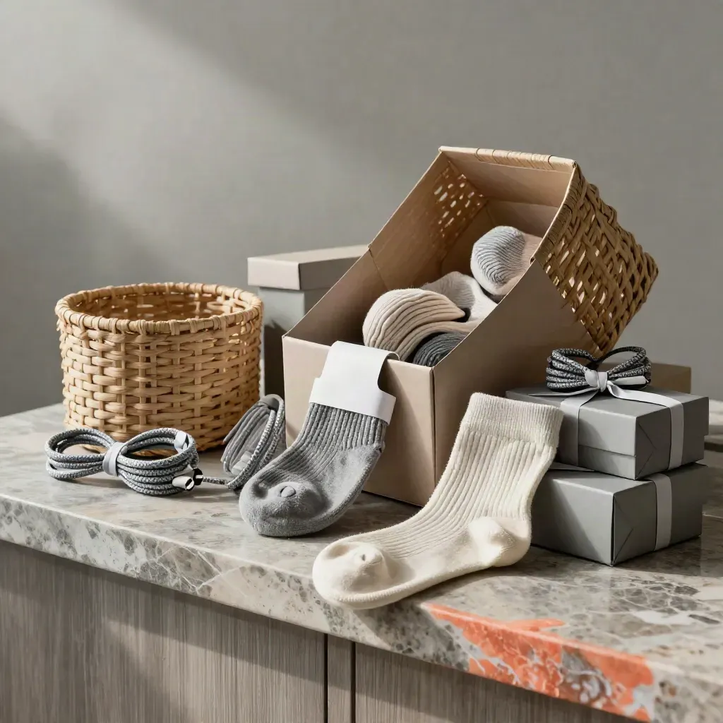 Unbranded socks, cables, baskets and gift boxes spill around an open parcel on stone.