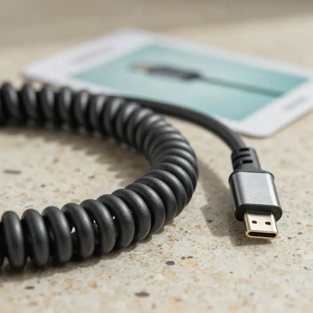 Macro of a charcoal braided USB-C cable coiled on beige travertine with brushed metal tips.