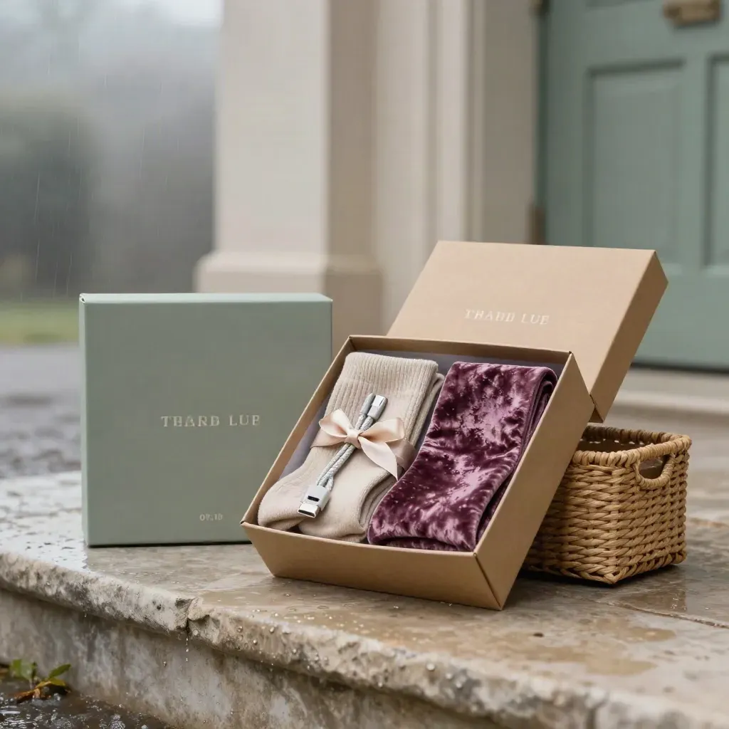 Open starter bundle in a rain-damp entryway, with cable, socks, pouch and basket on pale stone.