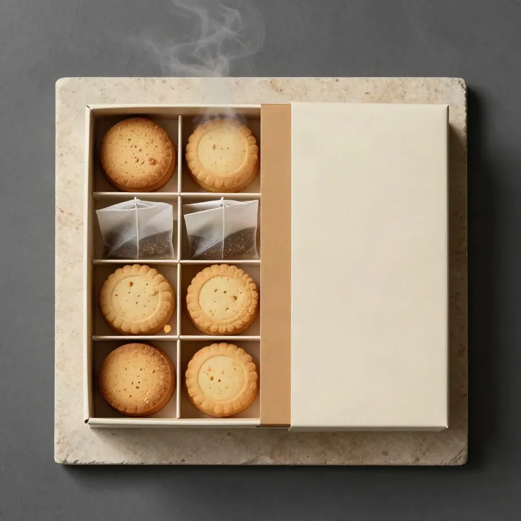 Overhead tea and biscuit gift box with shortbread, tea bags, and tissue on warm stone.