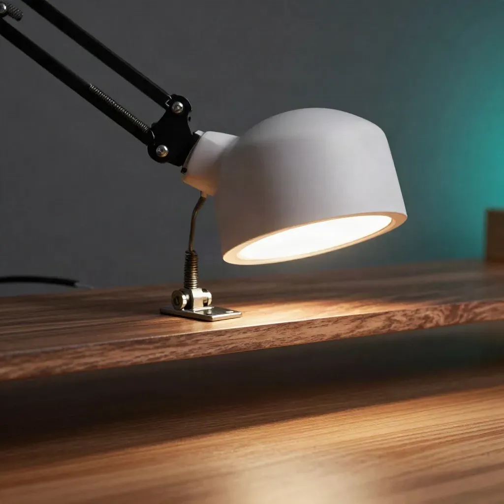 Macro side view of a matte white clip desk lamp on a walnut shelf, glowing softly.