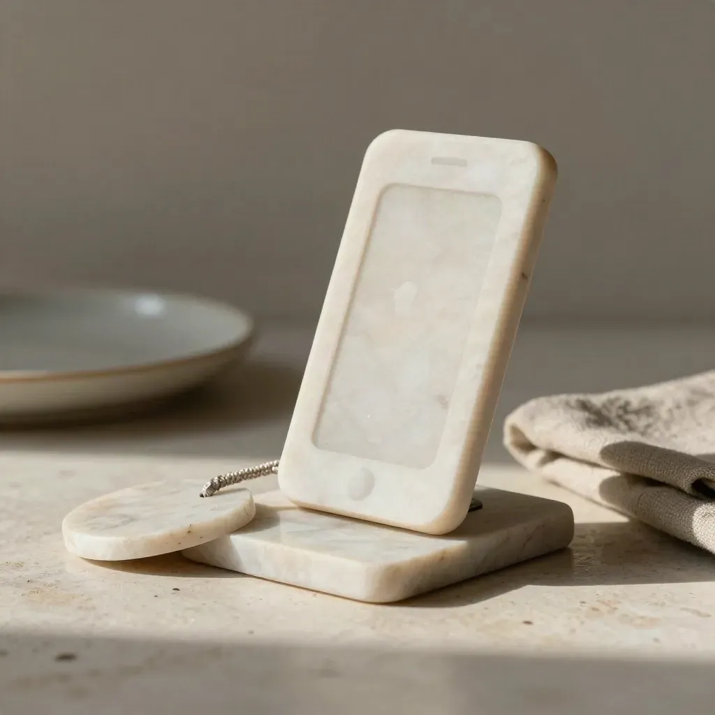 Marble phone stand on travertine with cable and stone coaster in soft studio light.