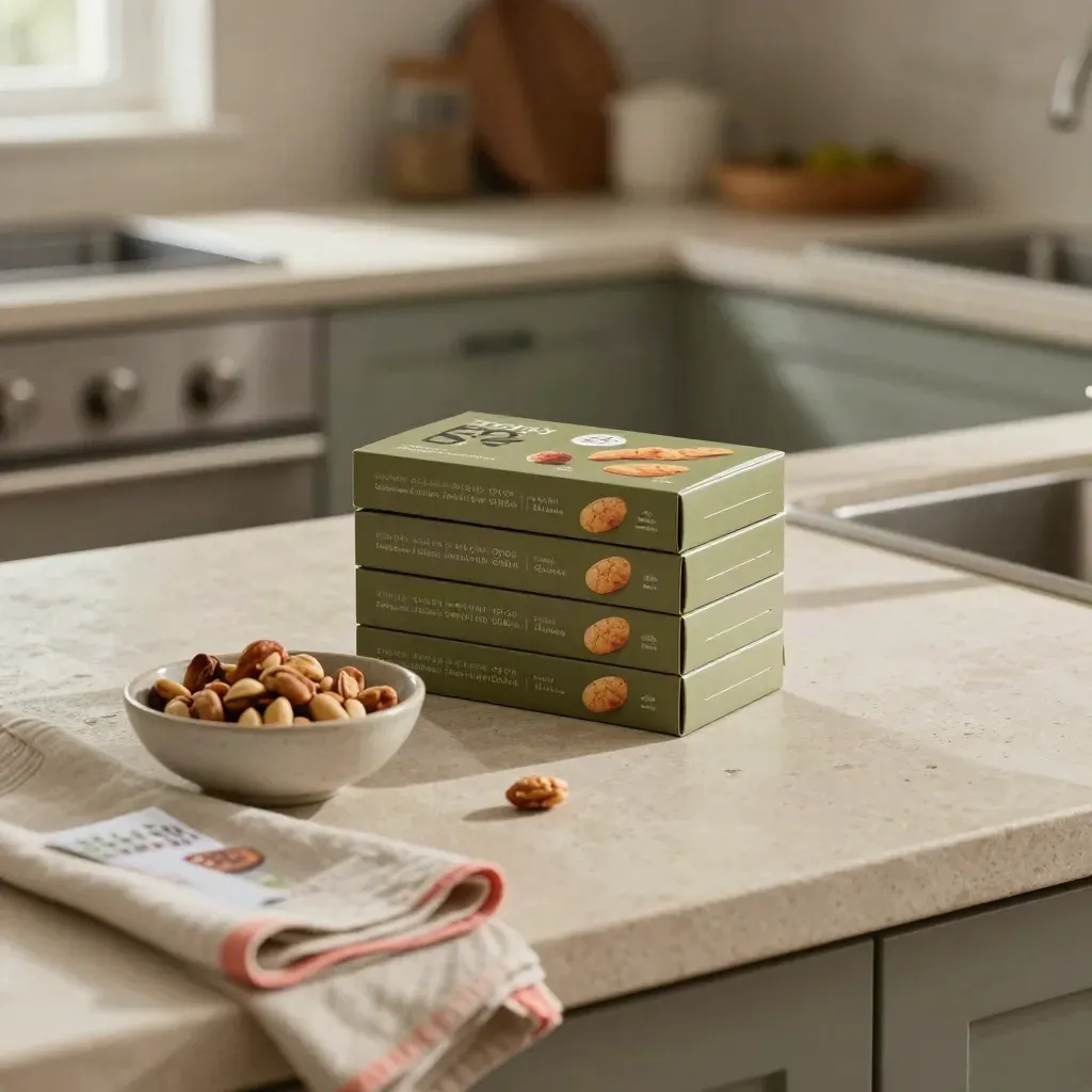 Mini snack box set beside nuts and a linen napkin on a kitchen counter, soft steam and daylight.