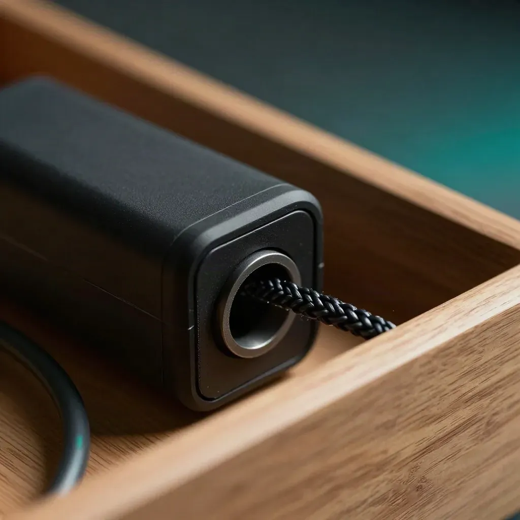 Macro of a matte black cable tidy box swallowing a braided lead beside a warm oak drawer.