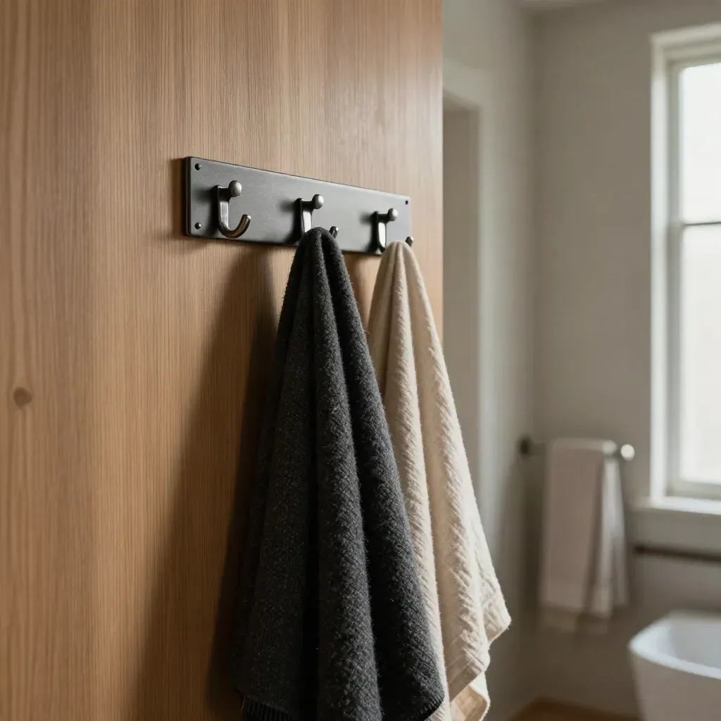 Matte metal door hook rack on an oak door edge with a folded scarf in soft daylight.