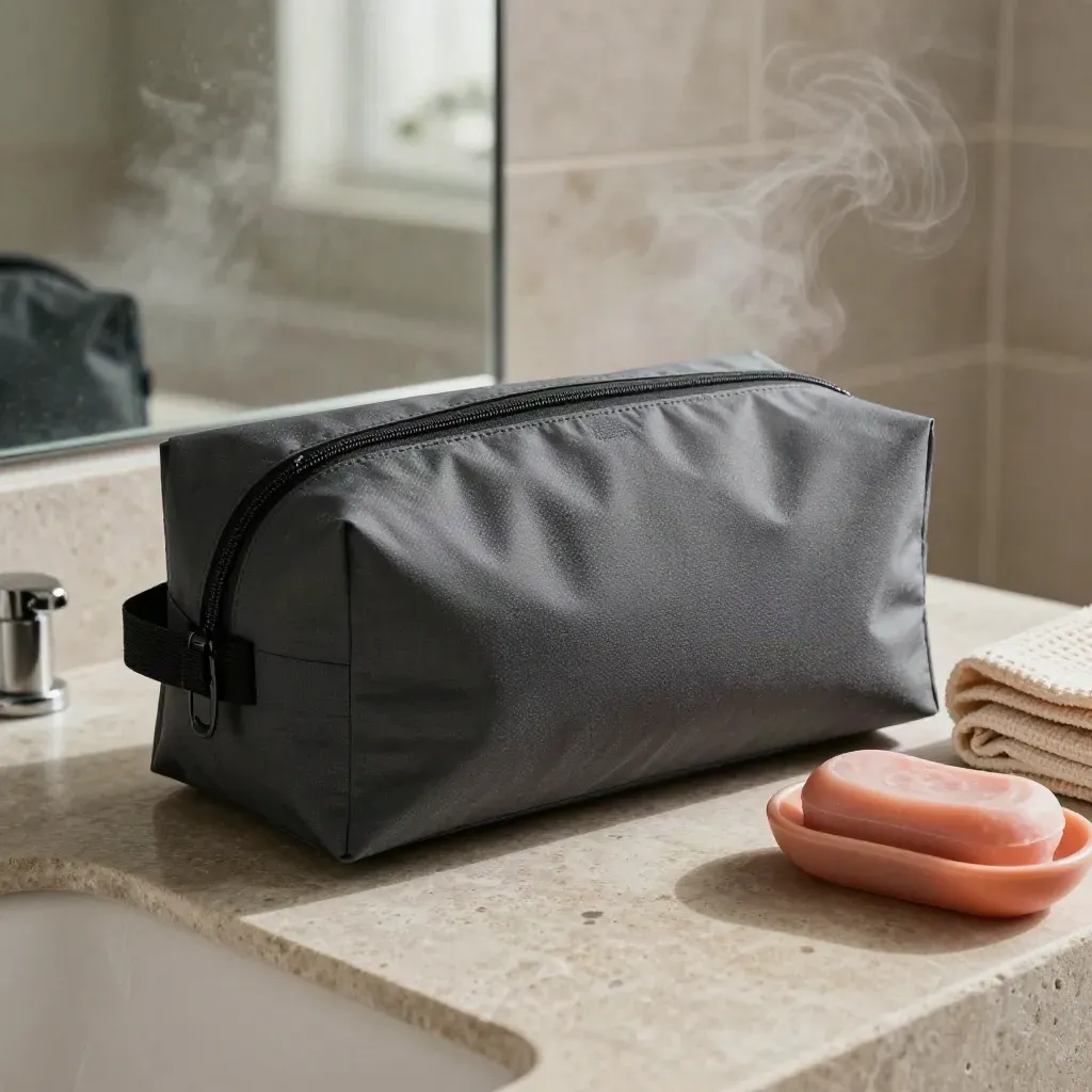 Open travel wash bag with toiletries and towel on bathroom stone, soft steam, coral accent.