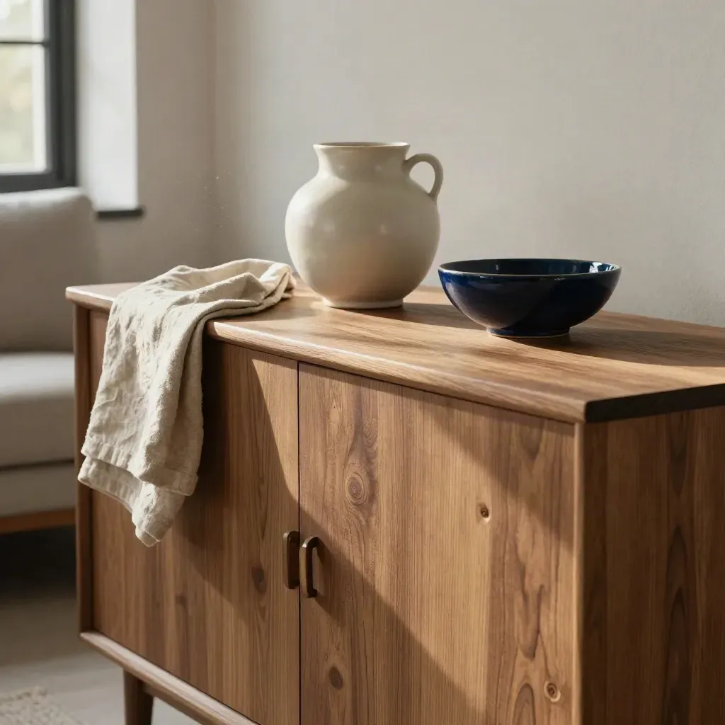 Sunlit oak sideboard with cream ceramics, linen, stone tray and a navy bowl in a calm living room.