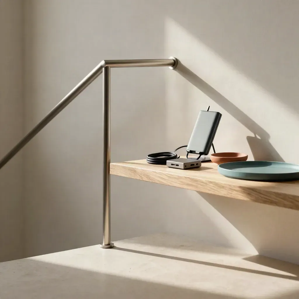 Sunlit stair landing with tech accessories, brushed steel rail, and calm copy space.