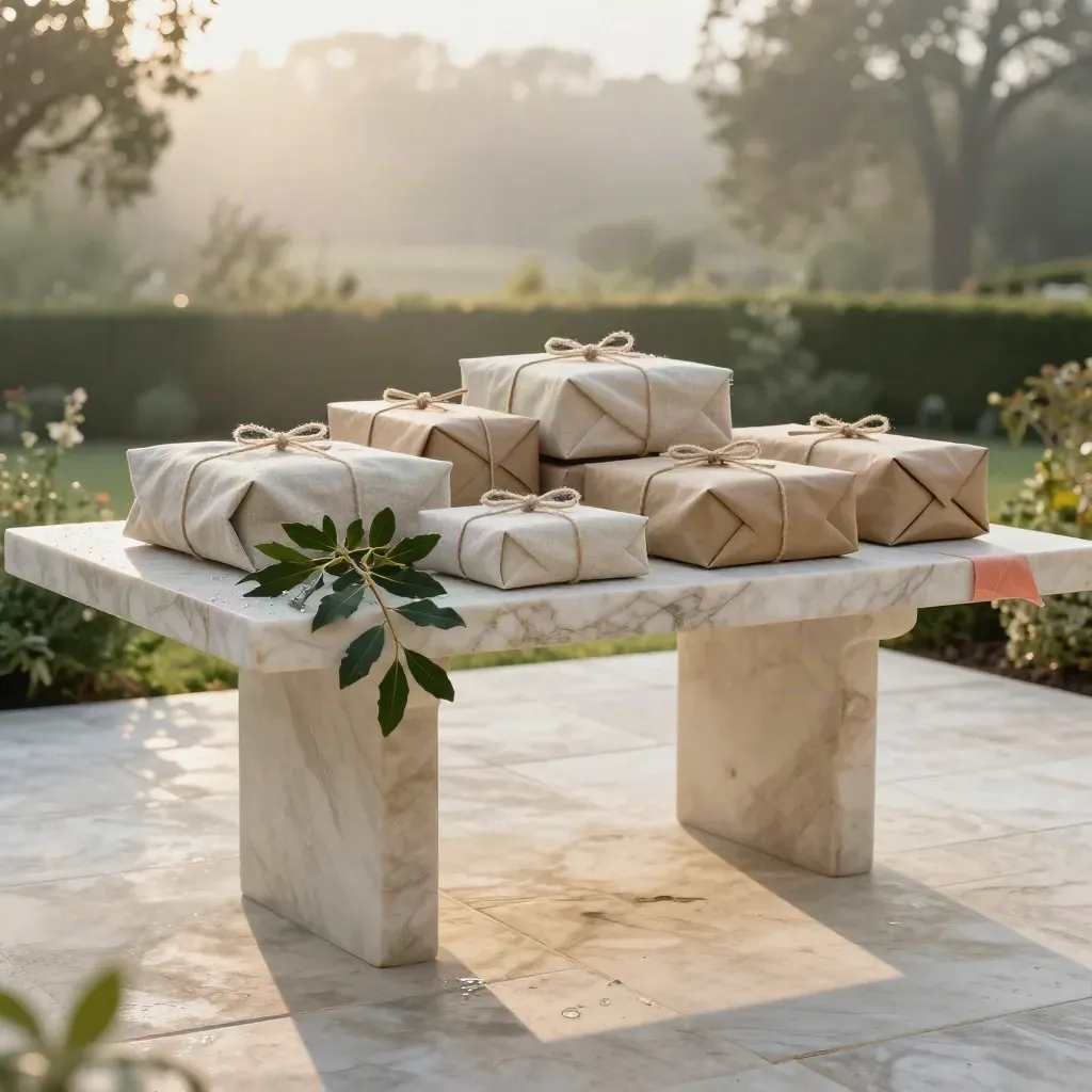 Stone garden table with wrapped parcels, clipped branch, and misty hedge in golden post-rain light.