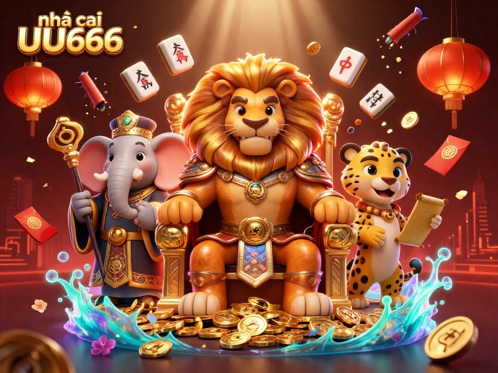Engage with the vibrant world of nhà cái UU666 featuring a fierce lion king in royal armor amid a rich casino scene.