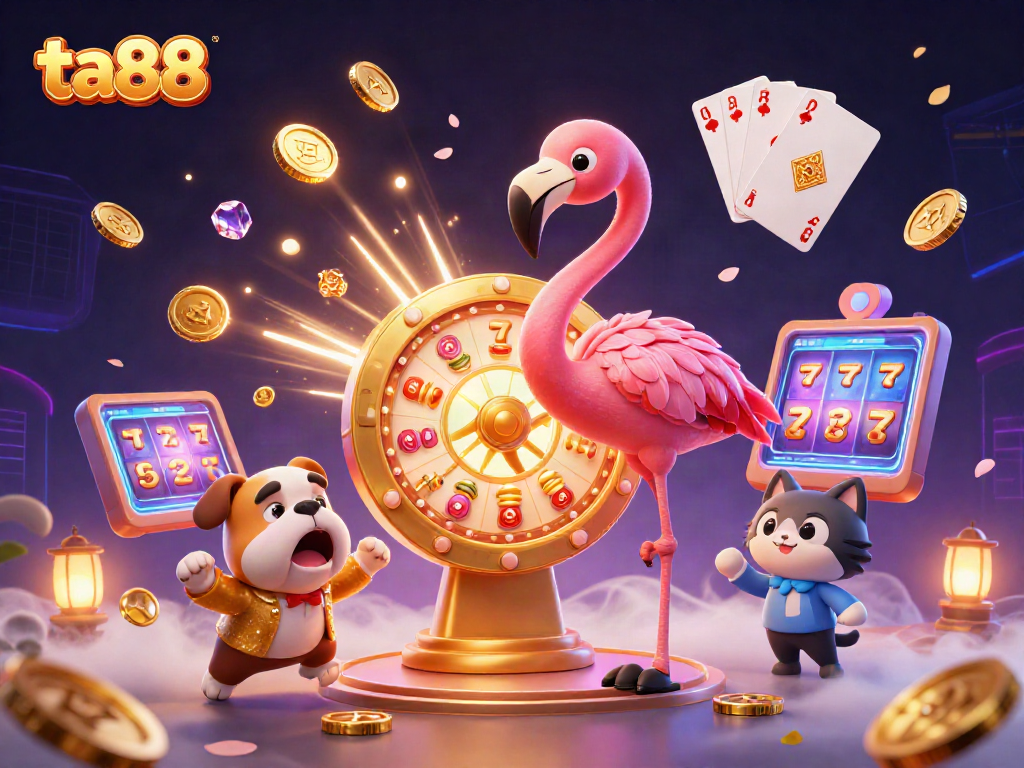 Experience an exciting ta88 casino scene with a colorful game show host, dynamic roulette wheel, and prizes galore.