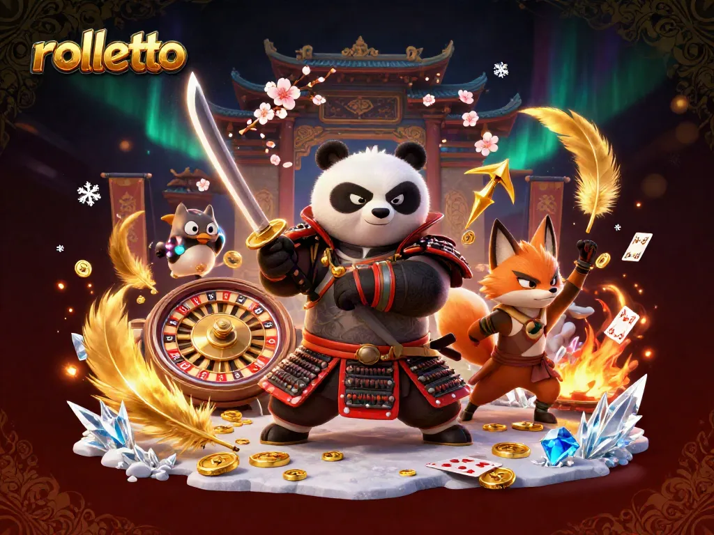 rolletto's exciting gaming scene with a samurai panda and a ninja fox in action