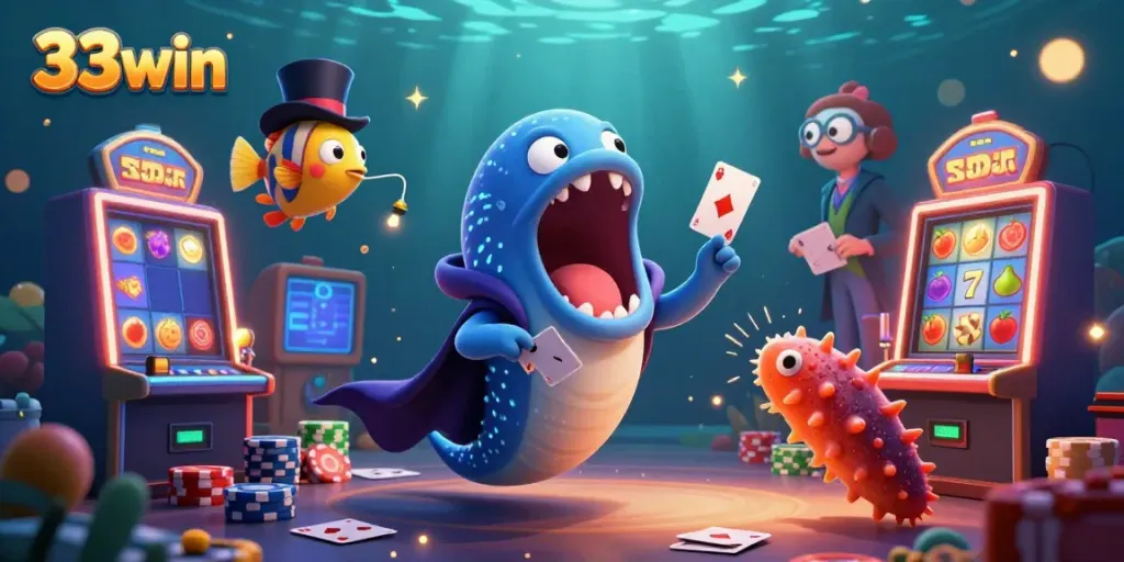 Experience the magic of 33win with a captivating underwater casino scene featuring an eel magician and interactive game elements.