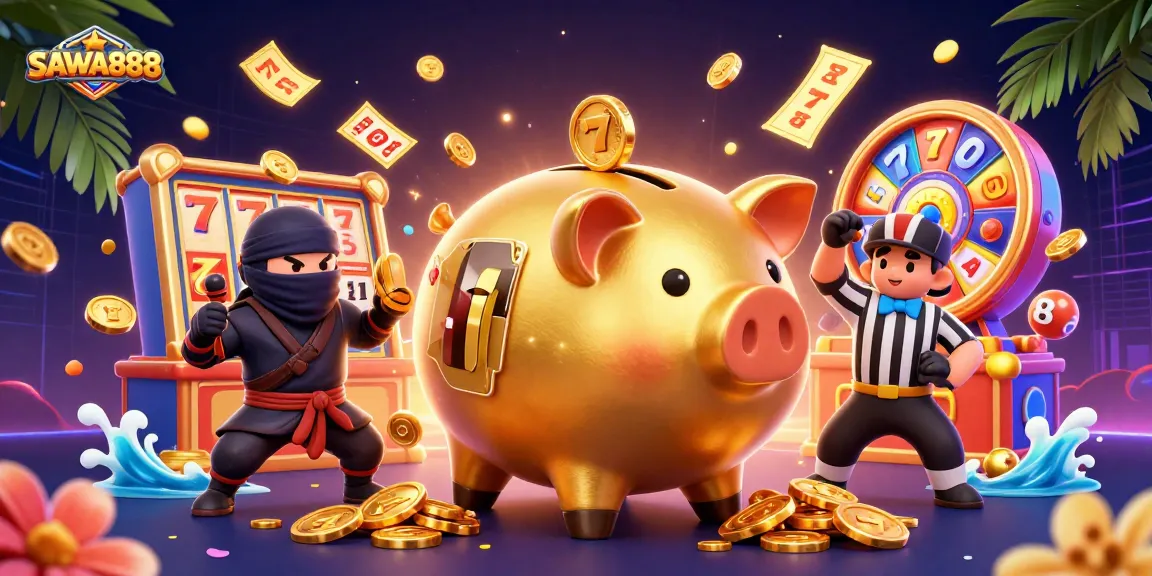 SAWA888 features vibrant slots action with a golden piggy bank, ninja, and samurai for thrilling gameplay.