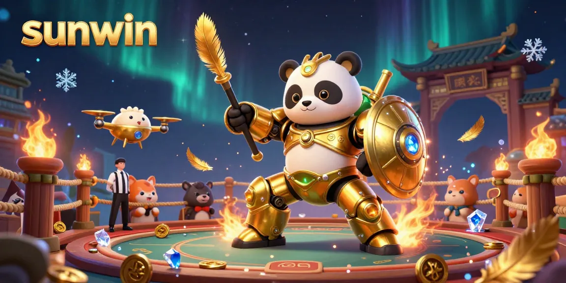 Engage with thrilling wins at sunwin as a mech-suit panda battles in a vibrant casino arena.