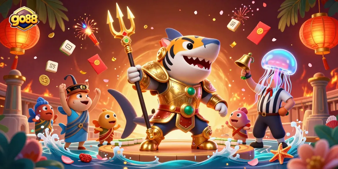 Experience the thrill of go88 with a vibrant underwater colosseum featuring a tiger shark, festive elements, and dynamic gaming atmosphere.