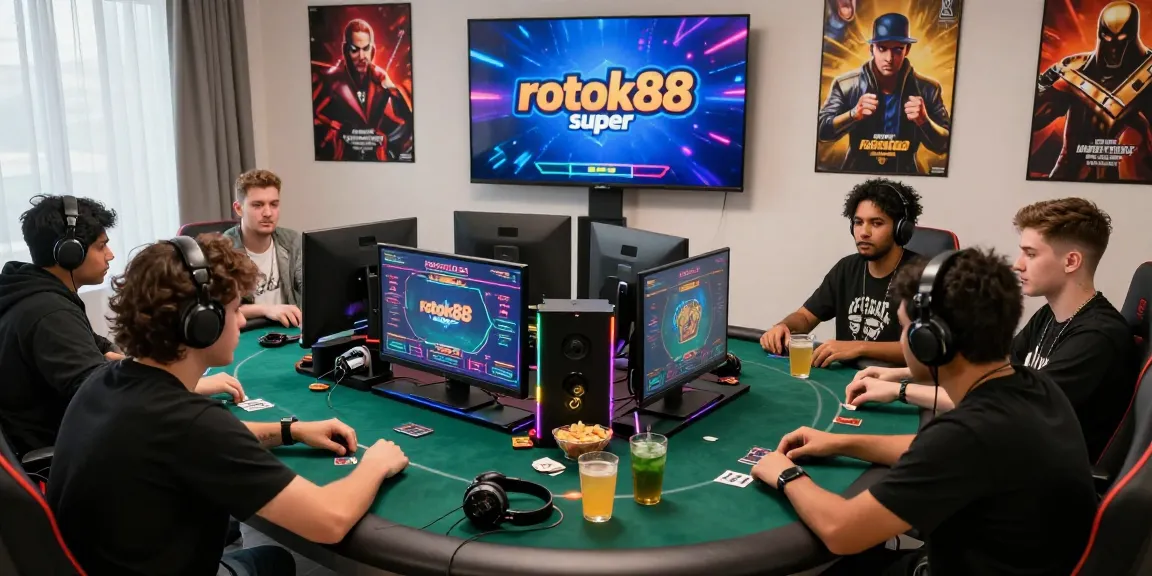 Friends playing rokok88 super in a modern gaming setup with vibrant lights.