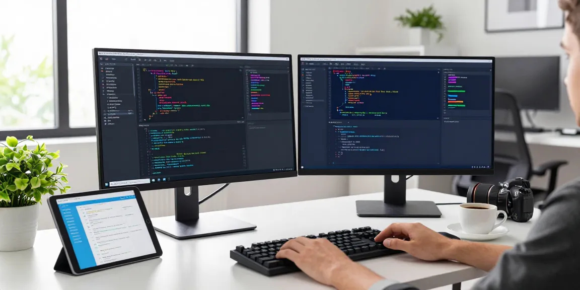 Modern workspace with a developer coding and dual monitors highlighting instant indexing technology.