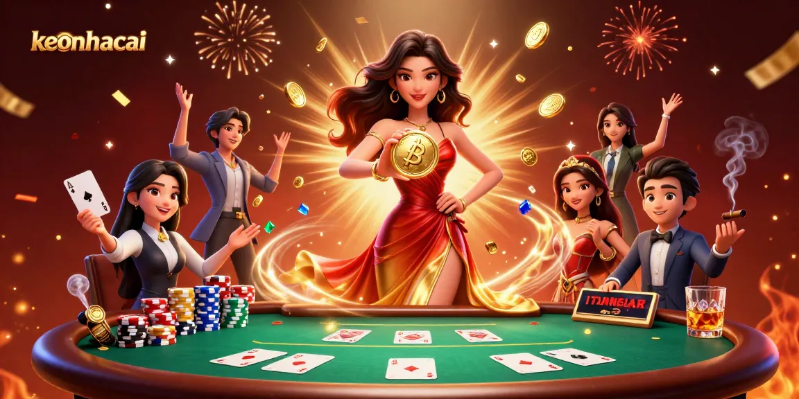Engage with keonhacai through dynamic poker strategies and insights illustrated in a vibrant casino scene.