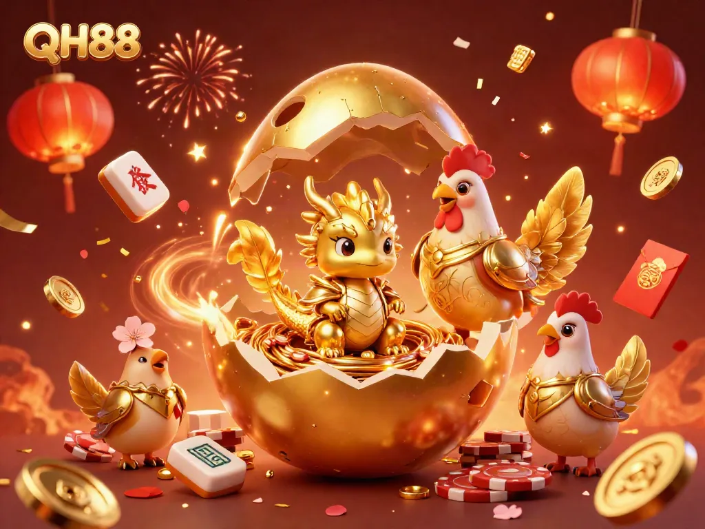 Experience the exciting atmosphere of QH88 with a golden dragon and poker chips in a vibrant casino setting.