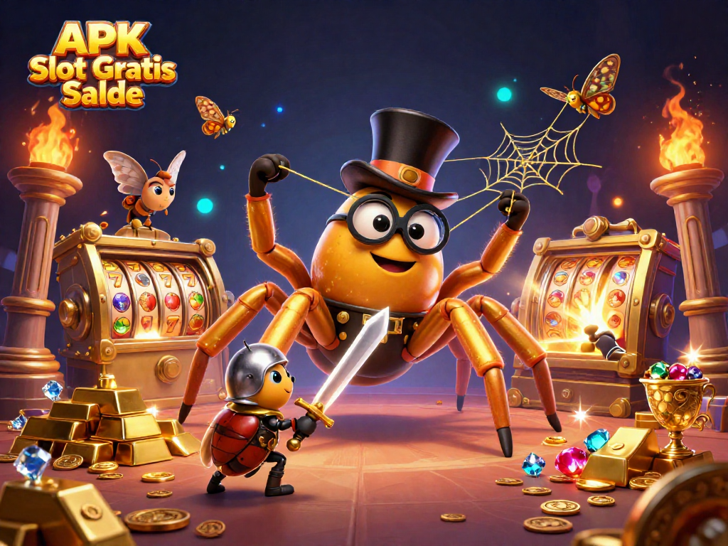 Experience APK Slot Gratis Saldo with exciting slot reels and treasures in a vibrant casino scene.