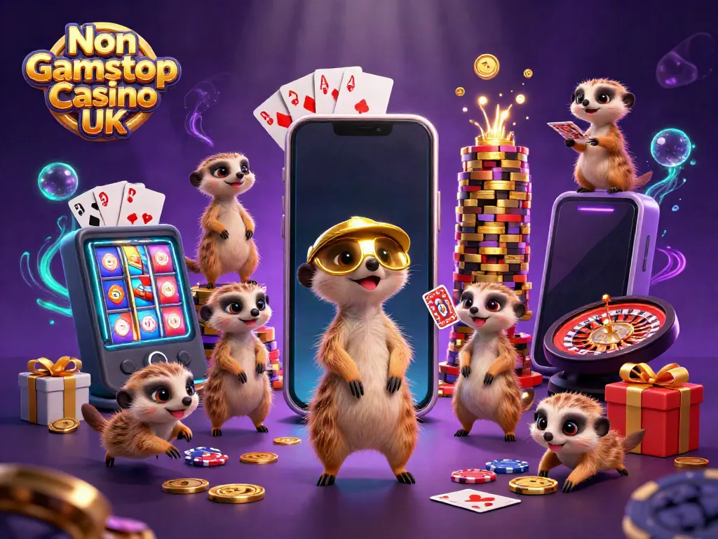Discover engaging entertainment in a vibrant Non Gamstop Casino UK illustration featuring animated meerkats.