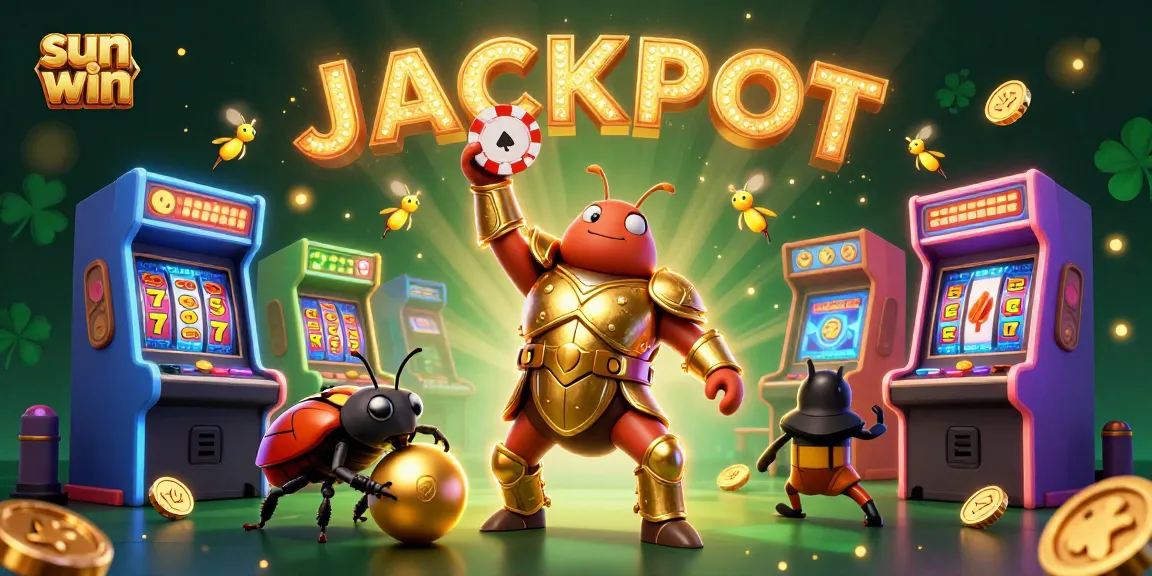 Join the excitement at sun win with a victorious beetle character lifting a poker chip under a sparkling jackpot.