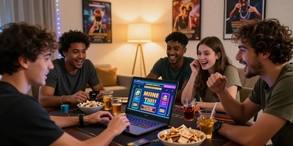 Friends exploring online credit card casinos in a lively home setting, enjoying gaming excitement.
